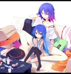  2girls alternate_costume amazon_(company) blue_hair bow bra_strap cigarette contemporary controller couch frills hat hat_removed headwear_removed hinanawi_tenshi ichiyan jacket letterboxed long_hair mirror multiple_girls nagae_iku no_hat open_mouth parody purple_hair red_eyes remote_control ribbon scissors shawl short_hair t-shirt thigh-highs touhou younger 