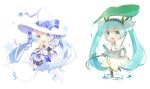  2girls aqua_eyes aqua_hair blue_eyes blue_hair cape chibi fingerless_gloves giant_leaf gloves hair_ribbon hat hatsune_miku long_hair multiple_girls open_mouth pantyhose ribbon skirt snowflakes twintails very_long_hair vocaloid wand witch_hat xuehua yuki_miku 