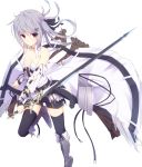  1girl :/ armored_boots bare_shoulders black_legwear blush boots brown_eyes collarbone detached_collar detached_sleeves hair_ornament hair_ribbon hairclip holding holding_sword holding_weapon looking_at_viewer original purple_hair ribbon shio_(shia-ushio) shirt shorts side_ponytail solo sword thigh-highs weapon white_background 