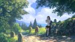  1girl bag blue_sky brown_hair clouds drinking drinking_straw forest leaning_back looking_at_viewer milk_carton nature original path road scenery school_uniform shirt shoulder_bag skirt sky solo summer you_(shimizu) 