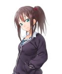  1girl alternate_hairstyle blush brown_hair cardigan green_eyes hands_in_pockets idolmaster idolmaster_cinderella_girls jewelry lips long_hair looking_at_viewer necklace necktie onsoku_maru ponytail school_uniform shibuya_rin smile solo 