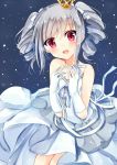  1girl bare_shoulders dress drill_hair gloves idolmaster idolmaster_cinderella_girls kanzaki_ranko kurumi_(69a4y) long_hair open_mouth red_eyes silver_hair smile solo twin_drills twintails 