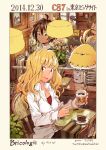  2girls annie_belton bird blonde_hair blush brown_hair cafe coffee cup earrings highres jewelry long_hair matsuda_(matsukichi) mug multiple_girls open_mouth original plant restaurant shirt sitting smile table 