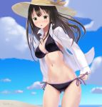  1girl bikini black_bikini black_hair dress_shirt green_eyes hat idolmaster idolmaster_cinderella_girls long_hair shibuya_rin shirt swimsuit tougetsu_gou 