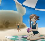  2girls :d \o/ akigumo_(kantai_collection) arms_up book brown_hair dated green_eyes hamu_koutarou jumping kantai_collection multiple_girls oboro_(kantai_collection) one-piece_swimsuit open_mouth outstretched_arms sand_sculpture sigh sitting smile swimsuit tan wariza 