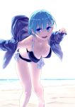  1girl aqua_eyes aqua_hair bangs beach bent_over bikini breasts cleavage collarbone colored_eyelashes front-tie_bikini front-tie_top hair_ornament hair_up hairclip hanging_breasts highres himura_kiseki hoodie kantai_collection open_mouth side-tie_bikini smile solo suzuya_(kantai_collection) swimsuit swimsuit_under_clothes 
