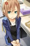  1girl anger_vein blue_eyes brown_hair kimura_(ykimu) miyamori_aoi shirobako short_hair solo 