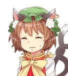  1girl animal_ears bow brown_hair cat_ears cat_tail chen closed_eyes earrings hat ibarashiro_natou jewelry multiple_girls multiple_tails short_hair smile solo sweatdrop tail touhou 