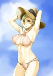  1girl armpits arms_up bikini blonde_hair blue_eyes breasts cleavage final_fantasy final_fantasy_xiv hat hyur large_breasts minfilia navel ooshima_ryou sky smile solo swimsuit 