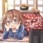  1girl :d bespectacled blush brown_eyes brown_hair darkside fang food fruit glasses hair_ornament hairclip head_rest ikazuchi_(kantai_collection) indoors kantai_collection kotatsu looking_at_viewer lying mandarin_orange on_stomach open_mouth red-framed_glasses short_hair signature smile solo table track_suit under_kotatsu under_table 