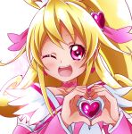  1girl ;d absurdres aida_mana arm_warmers blonde_hair choker cure_heart curly_hair dokidoki!_precure earrings face female hair_ornament half_updo heart heart_hair_ornament highres jewelry long_hair magical_girl one_eye_closed open_mouth pink_eyes ponytail precure sharumon smile solo white_background 