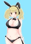  1girl animal_ears blonde_hair blush breasts cleavage headphones highres huge_breasts looking_at_viewer navel nitroplus open_mouth orange_eyes plump rabbit_ears short_hair solo super_pochaco twintails 