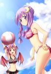  2girls alternate_hairstyle ball beachball bikini braid breasts carrying_overhead chitose_ame_(artist) clouds cloudy_sky cowboy_shot crescent_hair_ornament crescent_moon demon_wings expressionless french_braid hair_ornament head_wings highres koakuma lens_flare long_hair looking_at_viewer midriff moon multiple_girls navel ocean open_mouth patchouli_knowledge pointy_ears purple_hair red_eyes redhead short_hair side-tie_bikini sideboob sky striped striped_swimsuit swimsuit touhou wings 