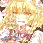  2girls alice_margatroid blonde_hair blue_eyes bow braid capelet dress food fork fruit hair_bow hairband hat kirisame_marisa knora long_hair minigirl multiple_girls open_mouth plate ribbon short_hair smile strawberry tongue tongue_out touhou witch_hat yellow_eyes 