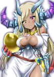  1girl blonde_hair breasts claws cleavage dark_skin egg grand_sonia heterochromia highres horns long_hair mito_yoshihiro puzzle_&amp;_dragons solo sonia_gran violet_eyes 