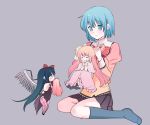  3girls adjusting_hair akemi_homura akuma_homura argyle argyle_legwear black_hair blue_eyes blue_hair bow closed_eyes dress goddess_madoka hair_bow hair_ornament hairclip kaname_madoka mahou_shoujo_madoka_magica mahou_shoujo_madoka_magica_movie miki_sayaka momoko_(palemon) multiple_girls pink_hair school_uniform smile spoilers thigh-highs tying_hair wings zettai_ryouiki 