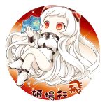  1girl airfield_hime book chibi covered_mouth holding holding_book horns kantai_collection long_hair lying orange_eyes plane_(planetw2002) reading shinkaisei-kan solo translation_request white_hair white_skin 