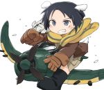  1girl airplane animal animal_ears bandaid black_hair blue_eyes blush boots brown_gloves bulldog chibi dog dog_ears dog_tail fang futenesira gloves grin jacket kanno_naoe long_sleeves riding scarf short_hair simple_background smile solo strike_witches tail white_background 