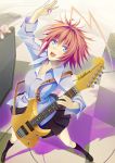  1girl 440 ahoge amplifier arm_up blue_eyes guitar instrument looking_at_viewer orange_hair original plectrum school_uniform short_hair skirt smile solo strap 