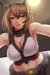  1girl armpits blush breasts brown_hair cleavage green_eyes kantai_collection midriff mound_of_venus mutsu_(kantai_collection) navel short_hair shuugetsu_karasu smile solo 