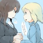  2girls blonde_hair blue_background blue_eyes brown_hair cigarette elizabeth_f_beurling elma_leivonen futenesira green_eyes long_hair long_sleeves looking_at_another military military_uniform multiple_girls open_mouth short_hair sideways_mouth simple_background strike_witches translation_request uniform zipper 