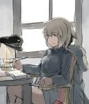  1girl blonde_hair blue_eyes book chair desk futenesira hat hat_removed headwear_removed holding huberta_von_bonin lamp long_sleeves military military_uniform peaked_cap pen short_hair sitting smile solo strike_witches uniform window 