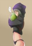  1girl blush drawfag food fruit grey_hair hood isis-chan kiss no_pants underwear 