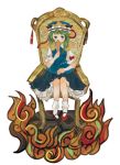  1girl chair fire green_eyes green_hair hat onigiri_(ginseitou) ribbon rod_of_remorse shiki_eiki short_hair sitting skirt solo touhou 
