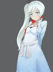  1girl arms_behind_back artist_request blue_eyes jewelry long_hair looking_at_viewer necklace pendant rwby scar scar_across_eye side_ponytail solo weiss_schnee white_hair 