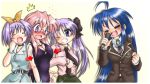  4girls ahoge blue_eyes blue_hair blush breasts commentary_request gaketsu glasses hair_ribbon hiiragi_kagami hiiragi_tsukasa izumi_konata long_hair lucky_star mole multiple_girls pink_hair purple_hair ribbon short_hair siblings sisters tagme takara_miyuki twins twintails yuri 