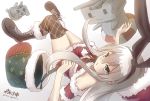 &gt;_&lt; 1girl :3 boots d-style_wed hairband kantai_collection long_hair navel pleated_skirt rensouhou-chan santa_costume shimakaze_(kantai_collection) silver_hair skirt thigh-highs triangle_mouth twitter_username |_| 
