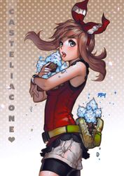  1girl bike_shorts blue_eyes blush bracelet brown_hair fanny_pack hair_ribbon haruka_(pokemon) haruka_(pokemon)_(remake) highres ice_cream_cone jewelry kawacy licking looking_at_viewer open_mouth pokemon pokemon_(game) pokemon_oras polka_dot polka_dot_background ribbon short_shorts shorts signature sleeveless sleeveless_shirt solo too_many two_side_up 