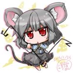  1girl animal_ears chibi dowsing_rod holding looking_at_viewer mouse_ears mouse_tail nazrin noai_nioshi red_eyes short_hair silver_hair solo tail touhou triangle_mouth 