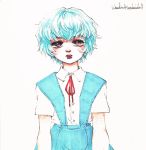  1girl ayanami_rei blue_hair highres neon_genesis_evangelion pale_skin red_eyes ribbon school_uniform short_hair solo traditional_media white_background womu 