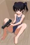 :3 black_hair gun handgun original red_eyes rohitsuka school_swimsuit short_hair sitting spread_legs swimsuit twintails weapon 