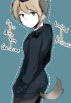  1girl animal_ears black_legwear character_name dog_ears dog_tail dotted_line futenesira garrison_cap german hands_in_pockets happy_birthday hat light_brown_eyes light_brown_hair long_sleeves military military_uniform pantyhose short_hair smile solo strike_witches tail uniform waltrud_krupinski 