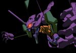  2011 armor black_background dated eva_01 glowing glowing_eyes highres iceebaby mecha neon_genesis_evangelion no_humans open_mouth red_eyes simple_background solo teeth 