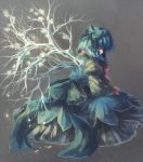  1girl alternate_wings blue_hair bow branch cirno closed_eyes dress hair_bow ice ice_wings inari_(flandoll-scarlet-devil) ribbon short_hair solo touhou wings 