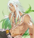  1boy belt brown_eyes copyright_name getfulness-0720 gradient_hair green_background green_hair jewelry long_hair male_focus multicolored_hair necklace shirtless smile solo tales_of_(series) tales_of_zestiria tan tattoo white_hair zavied_(tales) 