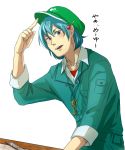  1boy collarbone collared_shirt dress dress_shirt genderswap green_eyes green_hair hair_between_eyes hair_bobbles hair_ornament hand_on_headwear hat jacket kawashiro_nitori key looking_at_viewer male_focus open_mouth pants pocket shirt short_hair simple_background sleeves_rolled_up smile solo touhou white_background white_shirt 
