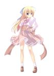  :&lt; absurdres blonde_hair blue_eyes dress hand_on_own_chest highres leanbox long_hair original ribbon shoes simple_background white_background 