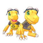  3d agumon aiba_ami_(cosplay) aiba_takumi_(cosplay) black_shirt cel_shading claws clothes_writing creature digimon digimon_story:_cyber_sleuth game_model goggles goggles_on_head green_eyes official_art open_mouth print_shirt raglan_sleeves simple_background teeth tongue yellow_shirt 