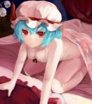  1girl absurdres all_fours bed bed_sheet blue_hair bottomless breasts cleavage expressionless floral_print highres looking_at_viewer no_wings red_eyes remilia_scarlet short_hair slit_pupils small_breasts solo touhou under_sheets 