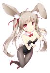  1girl animal_ears bowtie bunny_tail bunnysuit detached_collar grey_hair inumine_aya long_hair original pantyhose perspective rabbit_ears red_eyes tail twintails wrist_cuffs 