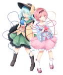  2girls blue_eyes blush bobby_socks boots dress eyeball floral_print hat hat_ribbon heart highres komeiji_koishi komeiji_satori looking_at_viewer multiple_girls nogisaka_kushio one_eye_closed open_mouth pink_eyes pink_hair red_eyes ribbon short_hair siblings silver_hair simple_background sisters skirt smile socks third_eye touhou white_background white_legwear 