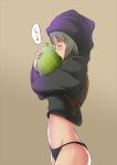  1girl blush closed_eyes food fruit grey_hair hood isis-chan kiss melon no_pants solo tai_(nazutai) underwear 