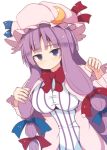  1girl beni_shake bow breasts capelet coat crescent dress hair_ribbon large_breasts long_hair looking_at_viewer mob_cap open_clothes open_coat patchouli_knowledge purple_hair ribbon solo striped striped_dress touhou tress_ribbon very_long_hair violet_eyes 