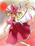  1girl ascot barefoot blonde_hair blouse bow chitose_ame_(artist) expressionless flandre_scarlet hat hat_bow highres looking_back mob_cap short_hair skirt skirt_set sky solo sun touhou violet_eyes wings 