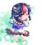  1girl bangle black_hair bow bracelet dress horns jewelry kijin_seija killing multicolored_hair one_eye_closed red_eyes redhead short_hair smile solo streaked_hair tongue tongue_out touhou white_hair 