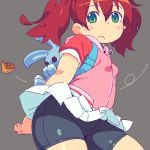  bike_shorts brown_hair green_eyes jacket long_hair lowres oekaki om_(artist) rabbit saru_getchu sayaka_(saru_getchu) shorts shorts_under_skirt skirt stuffed_toy twintails wind_lift 